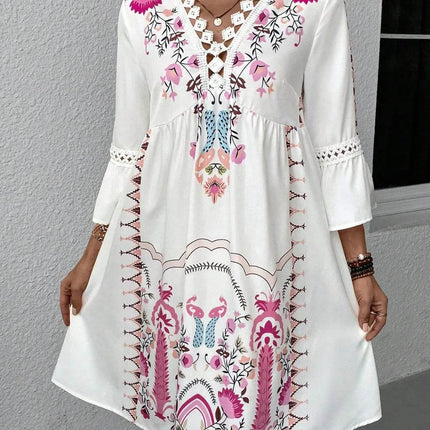Lace Detail Printed Three-Quarter Sleeve Dress - MimiStylez