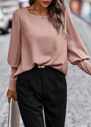 Round Neck Lantern Sleeve Blouse - MimiStylez