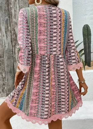 Lace Trim Printed V-Neck 3/4 Sleeve Dress - MimiStylez