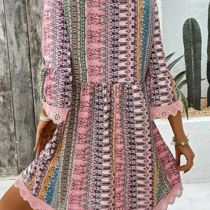 Lace Trim Printed V-Neck 3/4 Sleeve Dress - MimiStylez