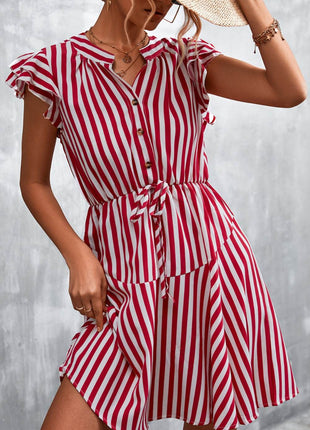 Ruffled Striped Cap Sleeve Mini Dress - MimiStylez