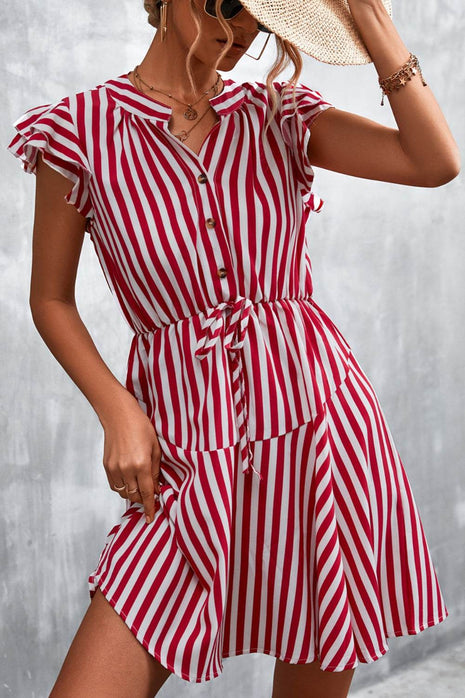 Ruffled Striped Cap Sleeve Mini Dress - MimiStylez