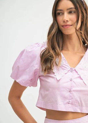 MABLE Puff Sleeve Button Down Top and Bubble Skirt Set - MimiStylez