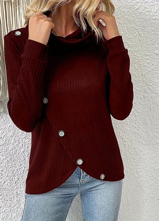 Decorative Button Turtleneck Long Sleeve T-Shirt - MimiStylez