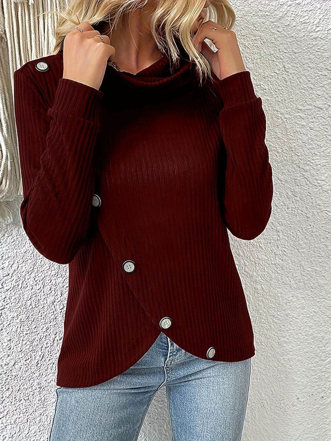 Decorative Button Turtleneck Long Sleeve T-Shirt - MimiStylez