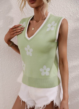 Floral Contrast Ribbed Trim Sweater Vest - MimiStylez