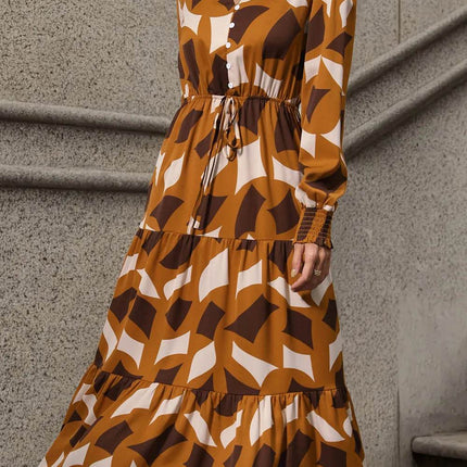 Perfee Printed Tied Pocketed Lantern Sleeve Dress - MimiStylez
