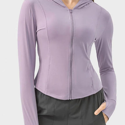 Pocketed Zip Up Hooded Long Sleeve Active Outerwear - MimiStylez
