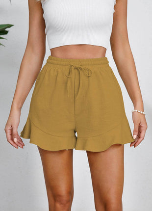 Full Size Drawstring Ruffle Hem Shorts - MimiStylez