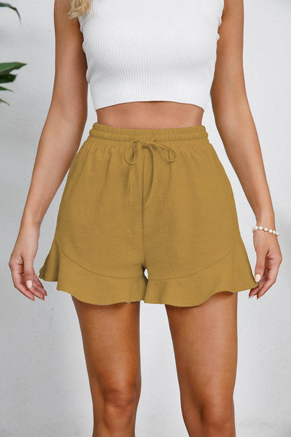Full Size Drawstring Ruffle Hem Shorts - MimiStylez