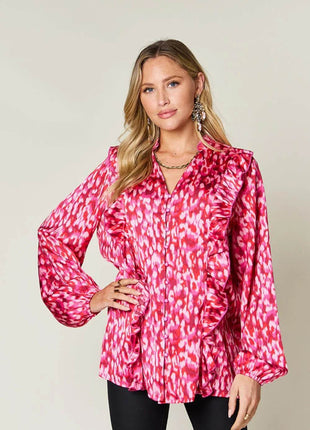 Double Take Full Size Printed Ruffle Trim Balloon Sleeve Shirt - MimiStylez