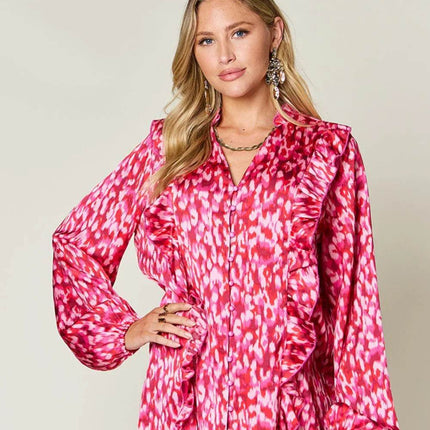 Double Take Full Size Printed Ruffle Trim Balloon Sleeve Shirt - MimiStylez