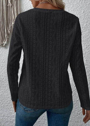 Eyelet Round Neck Long Sleeve Blouse - MimiStylez