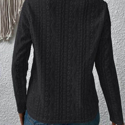 Eyelet Round Neck Long Sleeve Blouse - MimiStylez