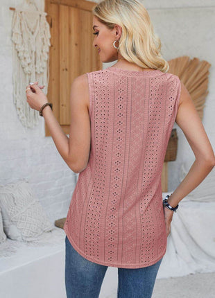 Eyelet Decorative Button V-Neck Tank - MimiStylez