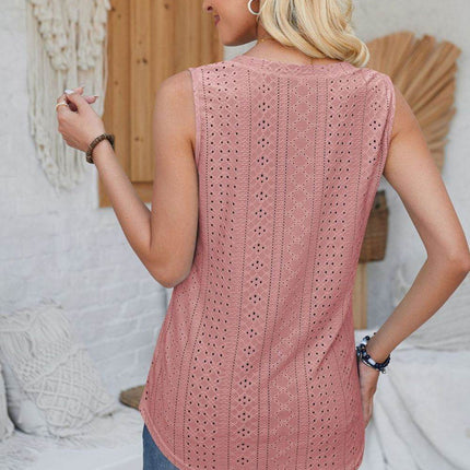 Eyelet Decorative Button V-Neck Tank - MimiStylez