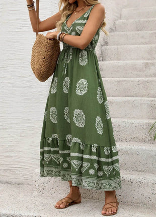 Printed V-Neck Sleeveless Dress - MimiStylez