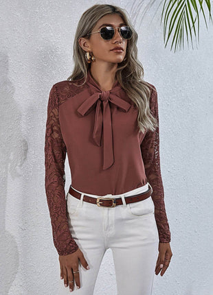 Tie Neck Spliced Lace Long Sleeve Top - MimiStylez