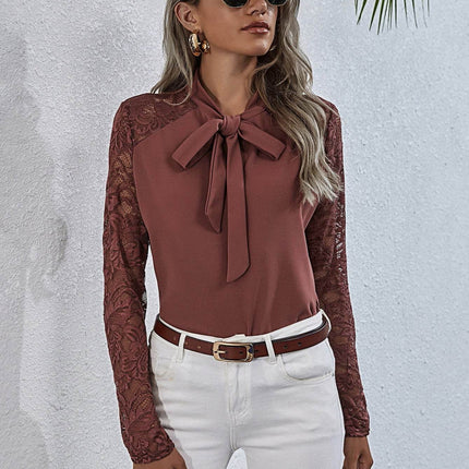 Tie Neck Spliced Lace Long Sleeve Top - MimiStylez