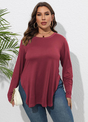 Plus Size Round Neck Long Sleeve Slit T-Shirt - MimiStylez