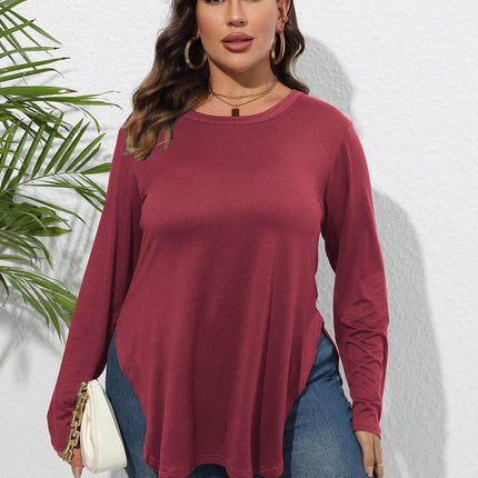 Plus Size Round Neck Long Sleeve Slit T-Shirt - MimiStylez