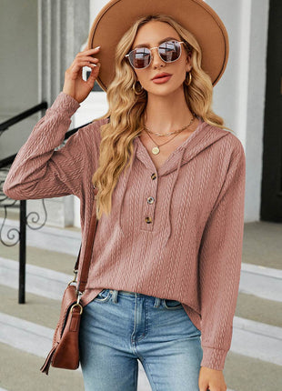 Drawstring Half Button Long Sleeve Hoodie - MimiStylez