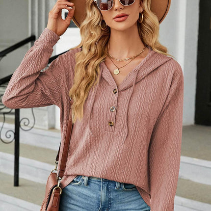 Drawstring Half Button Long Sleeve Hoodie - MimiStylez