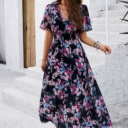Smocked Floral V-Neck Short Sleeve Dress - MimiStylez