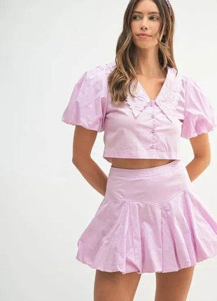 MABLE Puff Sleeve Button Down Top and Bubble Skirt Set - MimiStylez