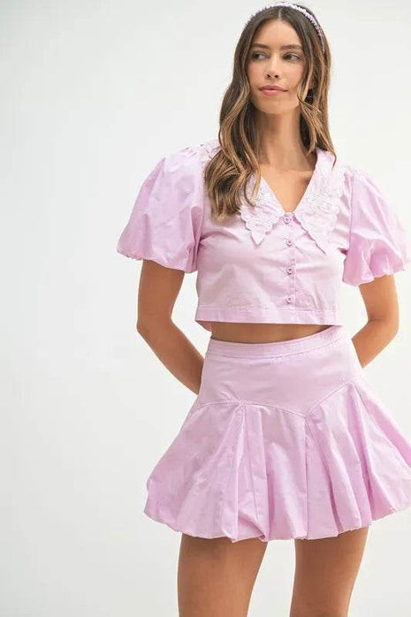 MABLE Puff Sleeve Button Down Top and Bubble Skirt Set - MimiStylez