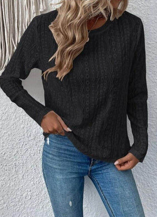 Eyelet Round Neck Long Sleeve Blouse - MimiStylez