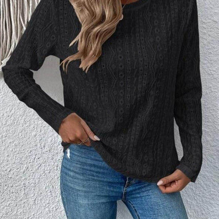 Eyelet Round Neck Long Sleeve Blouse - MimiStylez