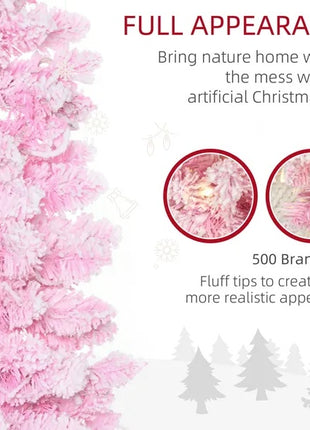 6FT Prelit Flocked Pencil Christmas Tree - Pine Realistic Branches, Warm White LED Lights, Auto Open, Pink And White