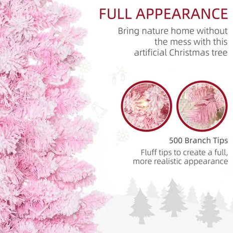 6FT Prelit Flocked Pencil Christmas Tree - Pine Realistic Branches, Warm White LED Lights, Auto Open, Pink And White
