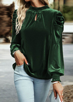 Tie Up Mock Neck Velvet Fabric Long Sleeve Blouse - MimiStylez