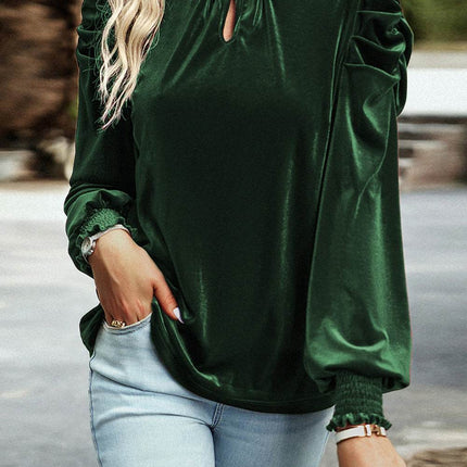 Tie Up Mock Neck Velvet Fabric Long Sleeve Blouse - MimiStylez