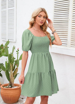 Swiss Dot Smocked Square Neck Dress - MimiStylez