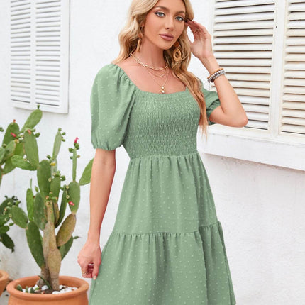 Swiss Dot Smocked Square Neck Dress - MimiStylez