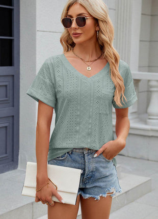 Eyelet V-Neck Short Sleeve T-Shirt - MimiStylez