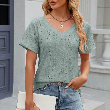 Eyelet V-Neck Short Sleeve T-Shirt - MimiStylez