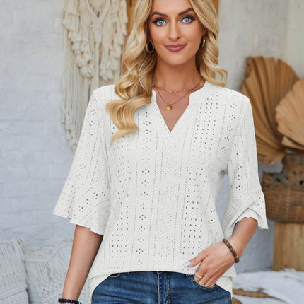 Eyelet Notched Half Sleeve T-Shirt - MimiStylez