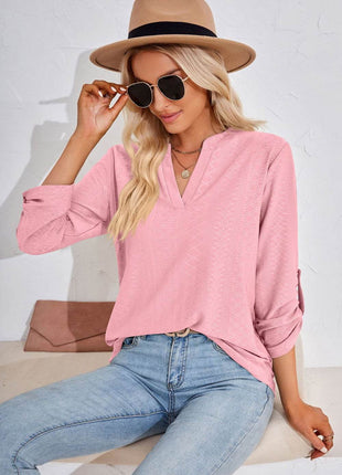 V-Neck Roll-Tap Sleeve Blouse - MimiStylez