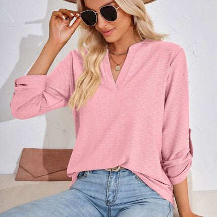 V-Neck Roll-Tap Sleeve Blouse - MimiStylez