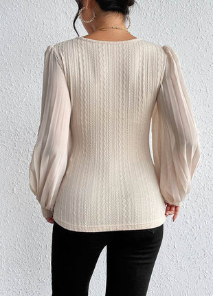 Pleated Puff Sleeve Round Neck Blouse - MimiStylez