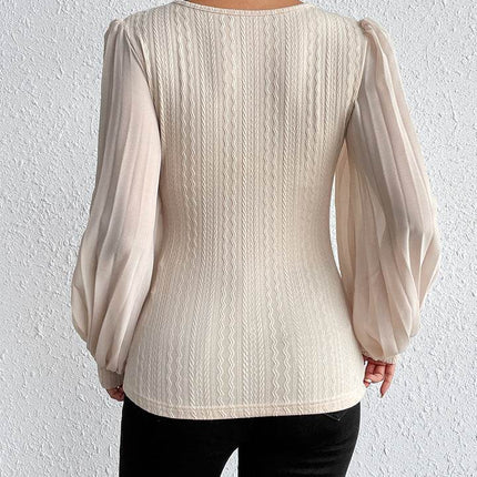 Pleated Puff Sleeve Round Neck Blouse - MimiStylez