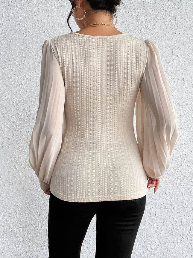 Pleated Puff Sleeve Round Neck Blouse - MimiStylez