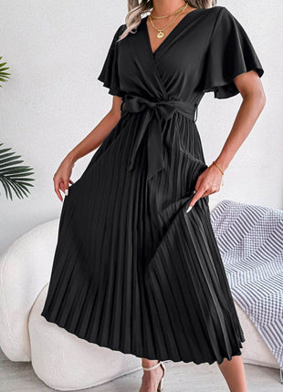 Pleated Flutter Sleeve Belted Dress - MimiStylez