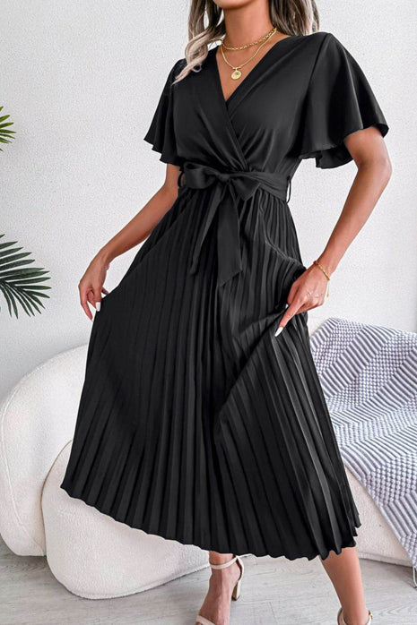 Pleated Flutter Sleeve Belted Dress - MimiStylez