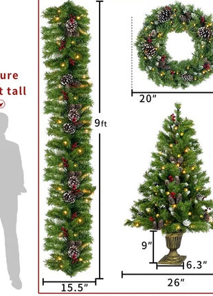 4PC Pre-lit Xmas Tree Artificial Christmas Set - Includes Garland, Wreath And Set Of 2 Entrance Trees