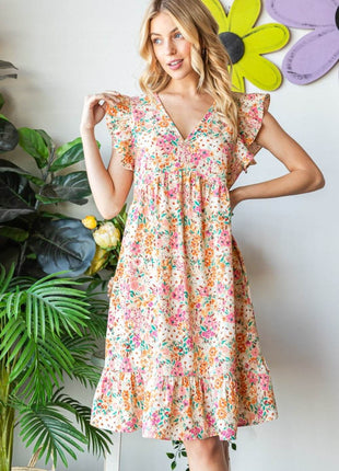Heimish Full Size Floral Ruffled V-Neck Dress - MimiStylez